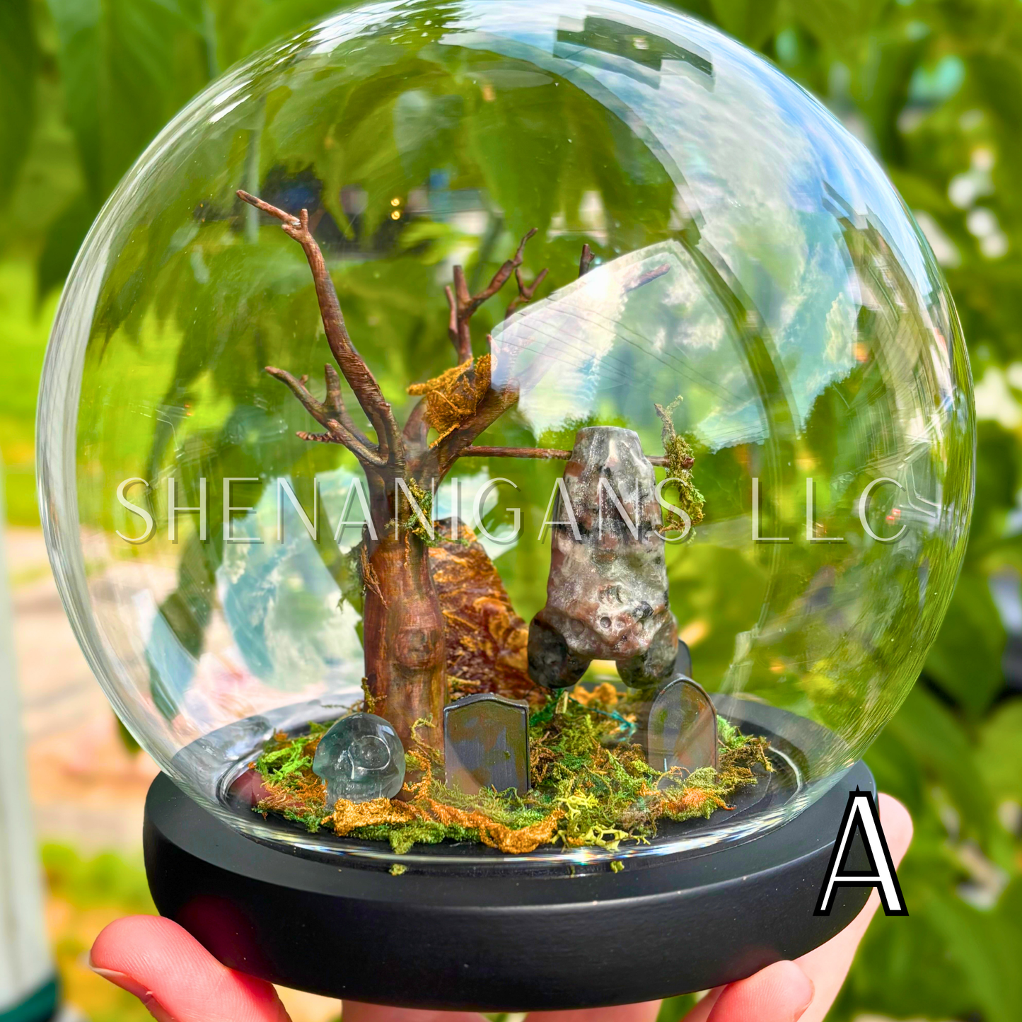 Yooperlite (UV) Hanging Crystal Bat in Graveyard - Bubble Cloche Dome Art