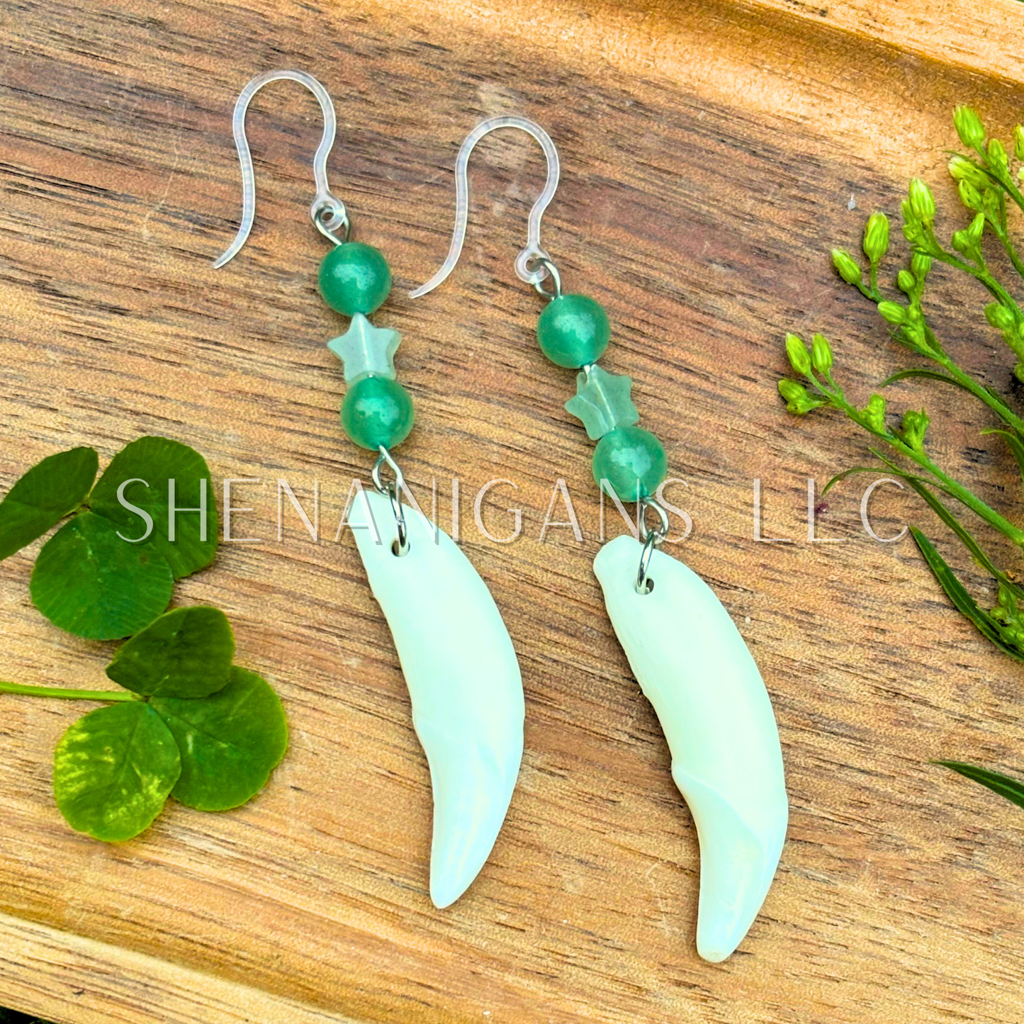 Coyote Tooth with Green Aventurine Earrings – Crystal Star Dangle Jewelry