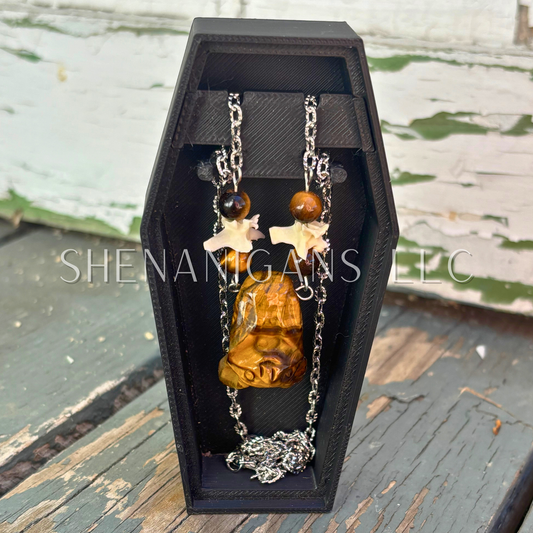 Tiger’s Eye Bat Necklace – Crystal Carving with Tiger’s Eye Beads & Silver Chain