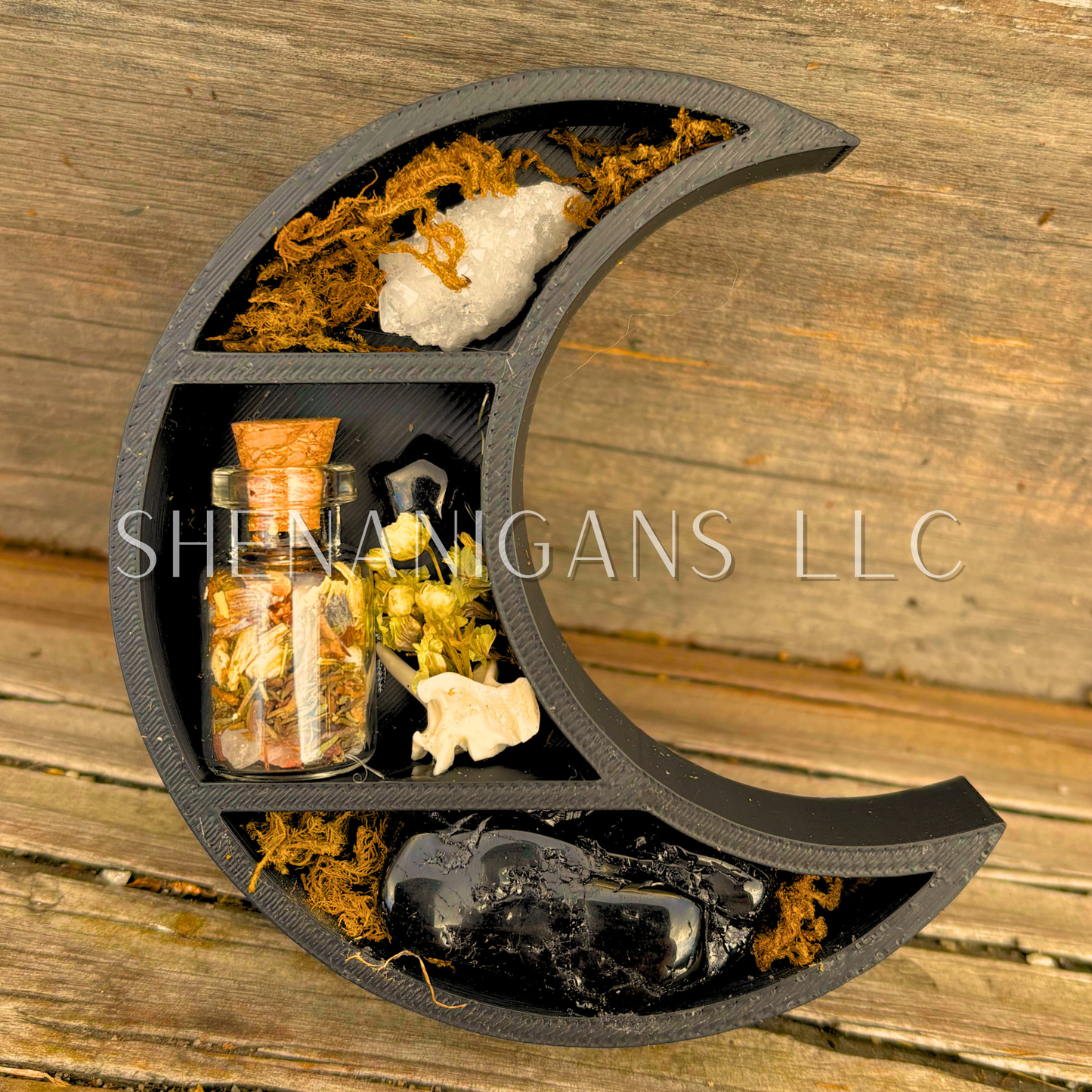 Peaceful Sleep Spell - Mini Crescent Moon Crystal Shelf | 3D Printed Moon Display with Handpicked Crystals, Moss & Trinkets Magnet