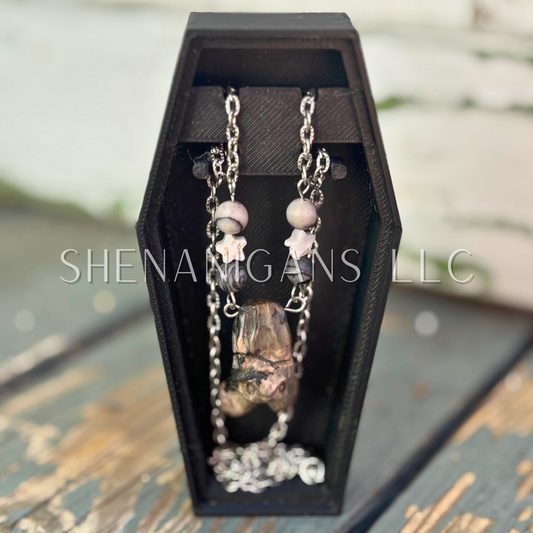 Spider Web Jasper Bat Necklace – Crystal Carving with Picasso Jasper & Spiderweb Jasper Beads