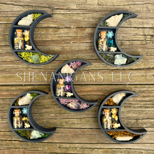 Protection Spell - Mini Crescent Moon Crystal Shelf | 3D Printed Moon Display with Handpicked Crystals, Moss & Trinkets Magnet