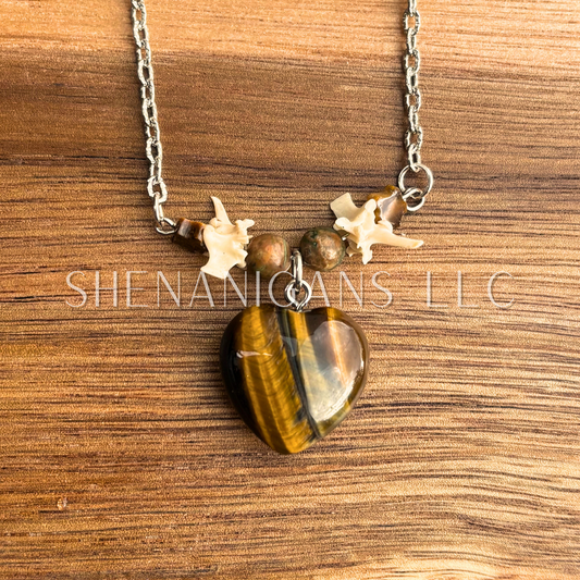 Tiger’s Eye Carved Heart Necklace with Rattlesnake Vertebrae
