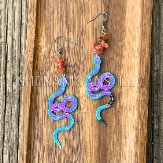 Rainbow Aura Celestial Snake Earrings with Crystal Chips – Ionized Stainless Steel