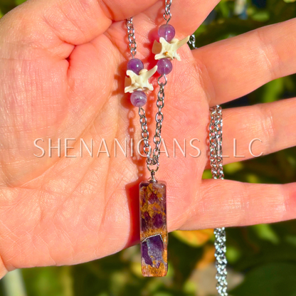 Auralite Amethyst Pillar Pendant Necklace with Snake Vertebrae and Amethyst Beads