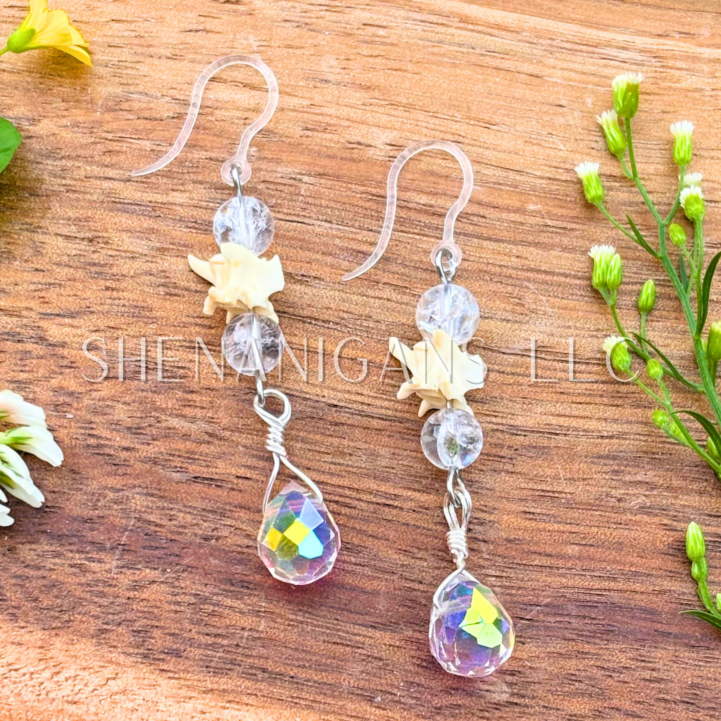 Rattlesnake Vertebrae Dangle Earrings with Crystal & Clear Teardrop Briolette