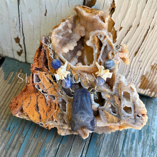 Blue Aventurine Bat Necklace with Sodalite Beads and Rattlesnake Vertebrae