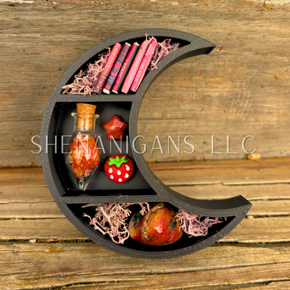 Mini Crescent Moon Crystal Shelf | 3D Printed Moon Display with Handpicked Crystals, Moss & Trinkets Magnet
