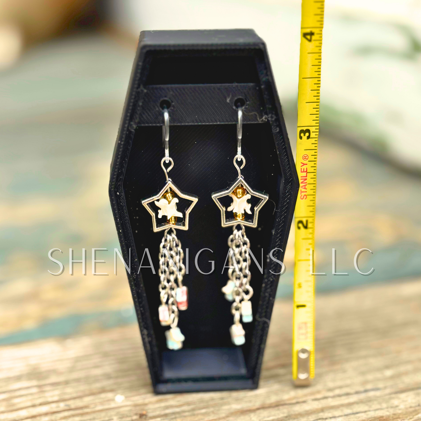 Shooting Star Earrings with Aqua Terra Jasper Stars & Rattlesnake Vertebrae – Handmade Celestial Coffin Display