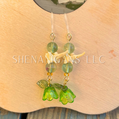 Green and Gold Bell Flower Dangle Earrings with Snake Vertebrae and Crystal Beads