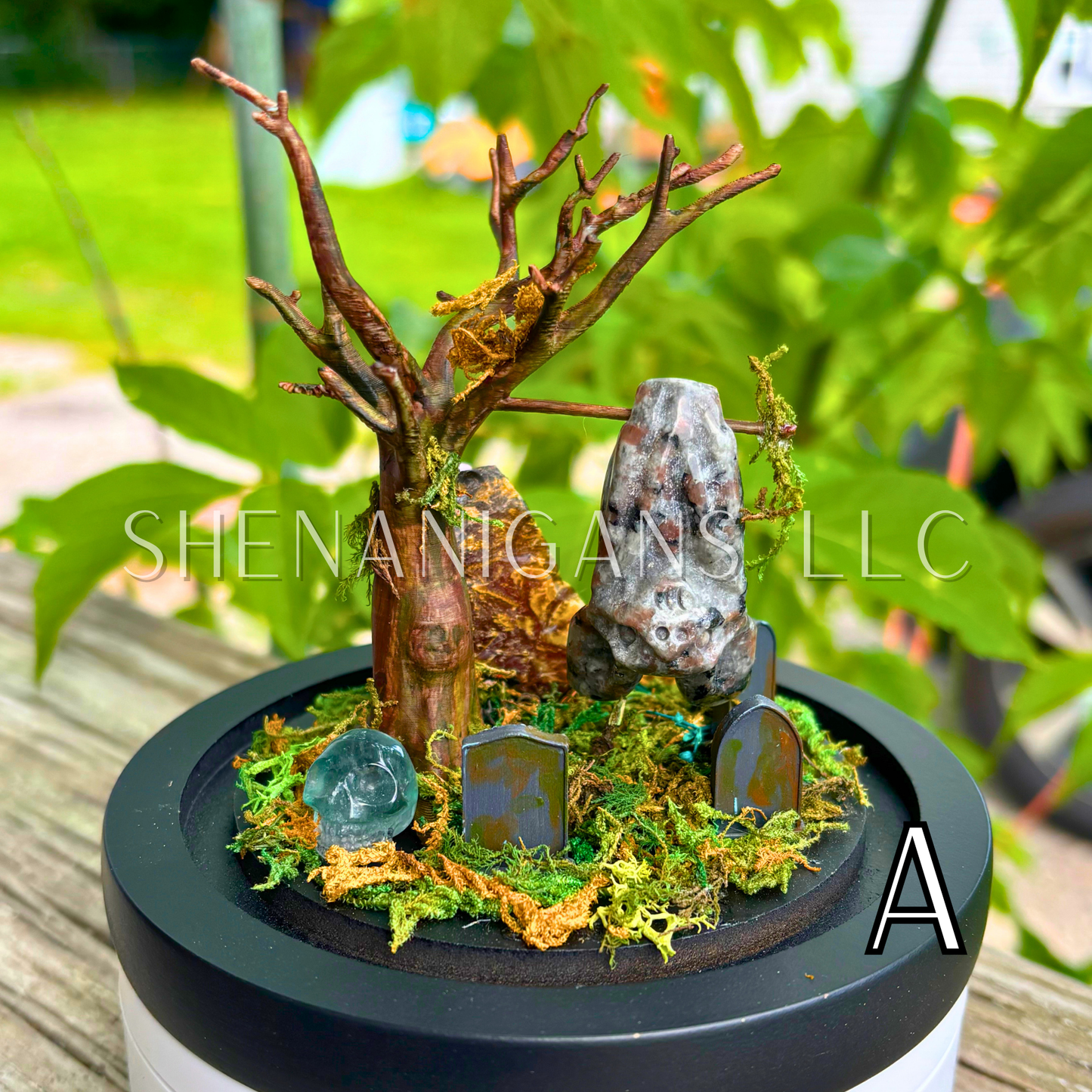 Yooperlite (UV) Hanging Crystal Bat in Graveyard - Bubble Cloche Dome Art