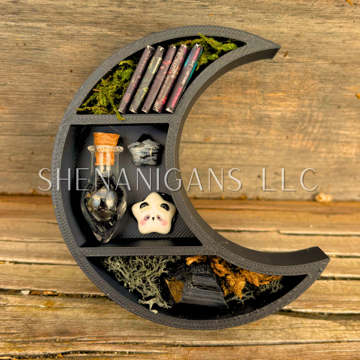 Mini Crescent Moon Crystal Shelf | 3D Printed Moon Display with Handpicked Crystals, Moss & Trinkets Magnet