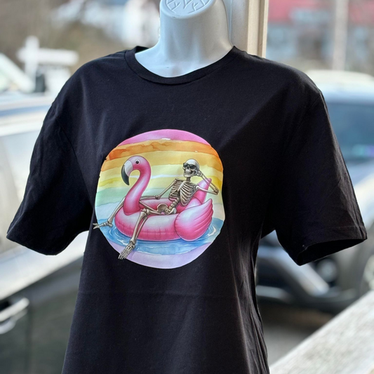 Vacation Skeleton Black Tee Shirt, Rainbow Pool Time, Flamingo Pool Toy
