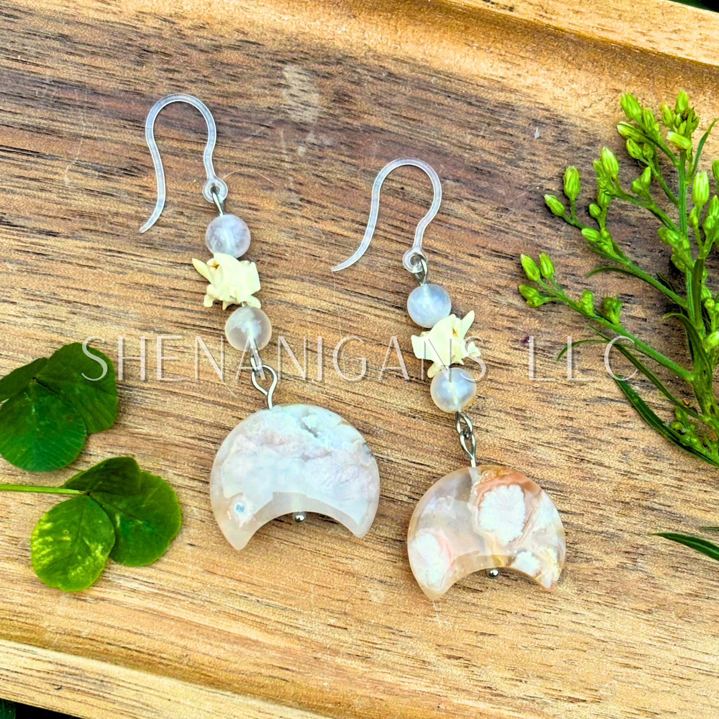 Flower Agate Moon Earrings