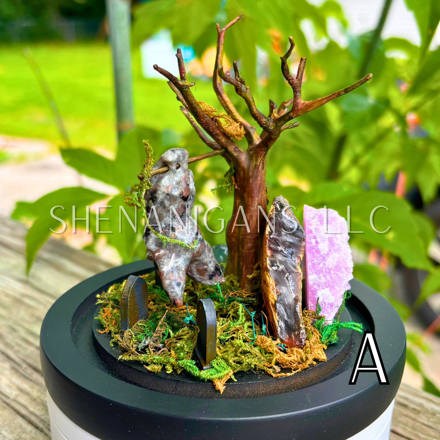 Yooperlite (UV) Hanging Crystal Bat in Graveyard - Bubble Cloche Dome Art