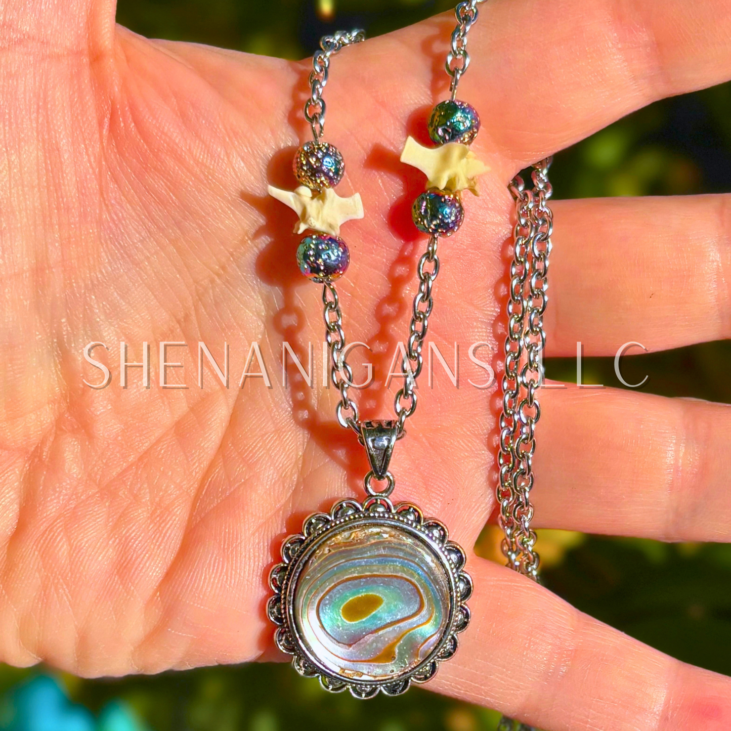 Abalone Shell Necklace – Aura Lava Stone Beads & Rattlesnake Vertebrae
