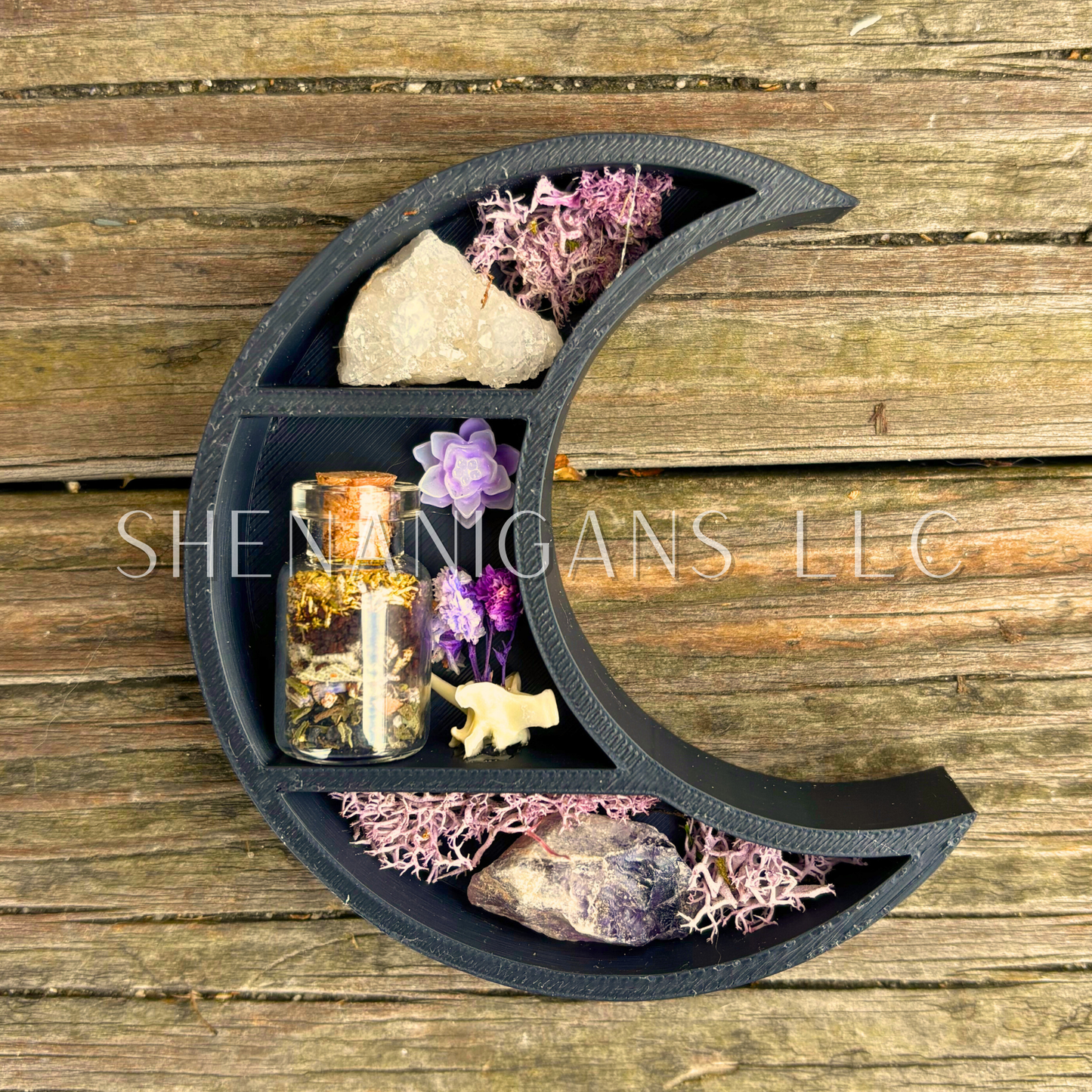 Protection Spell - Mini Crescent Moon Crystal Shelf | 3D Printed Moon Display with Handpicked Crystals, Moss & Trinkets Magnet