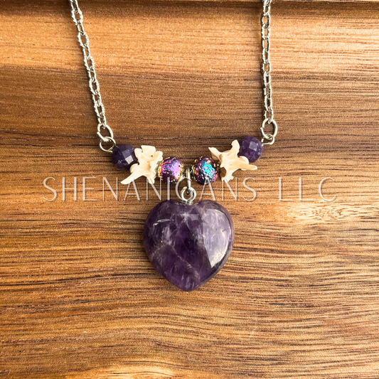 Amethyst Carved Heart Necklace with Rattlesnake Vertebrae