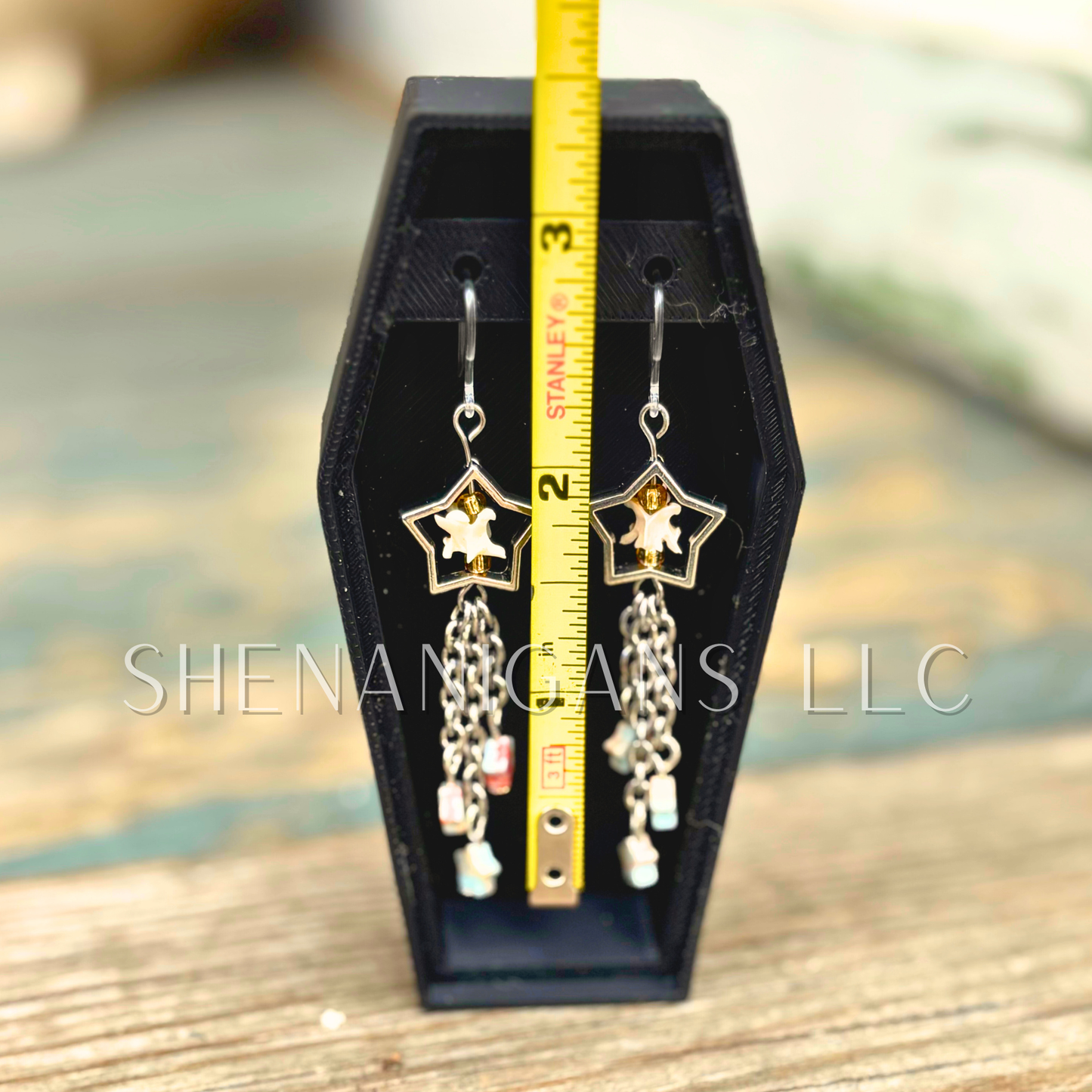 Shooting Star Earrings with Aqua Terra Jasper Stars & Rattlesnake Vertebrae – Handmade Celestial Coffin Display