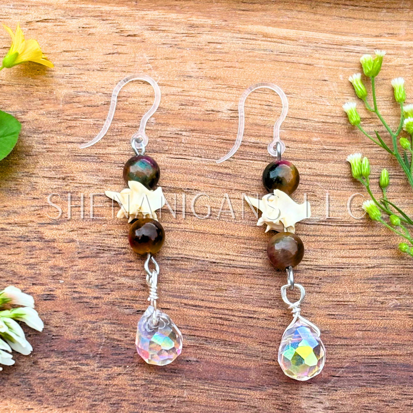 Rattlesnake Vertebrae Dangle Earrings with Crystal & Clear Teardrop Briolette