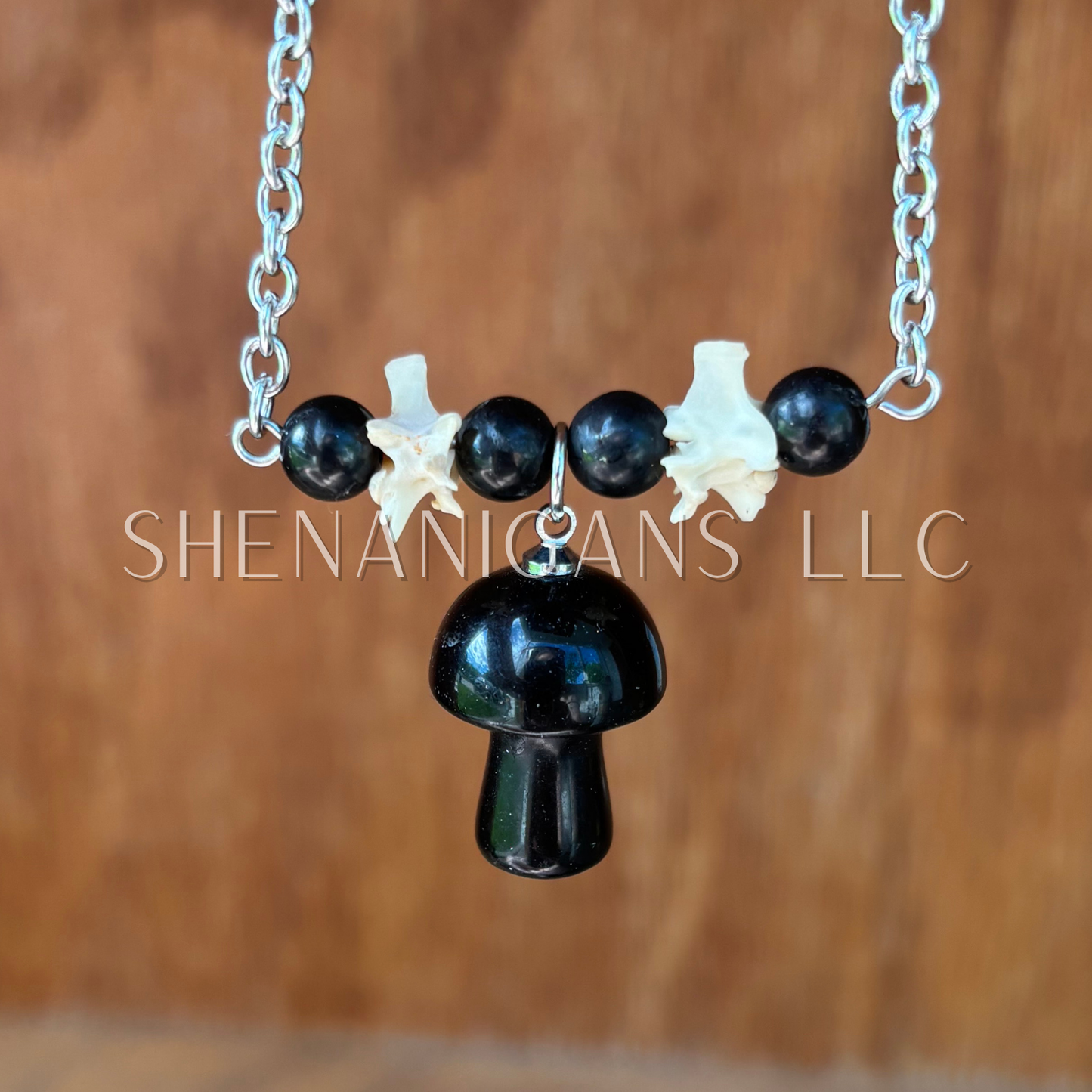 Obsidian Mushroom Necklace with Rattlesnake Vertebrae