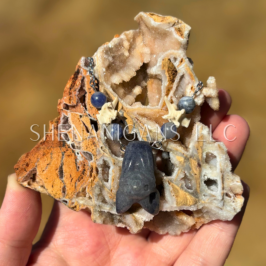 Blue Aventurine Bat Necklace with Sodalite Beads and Rattlesnake Vertebrae