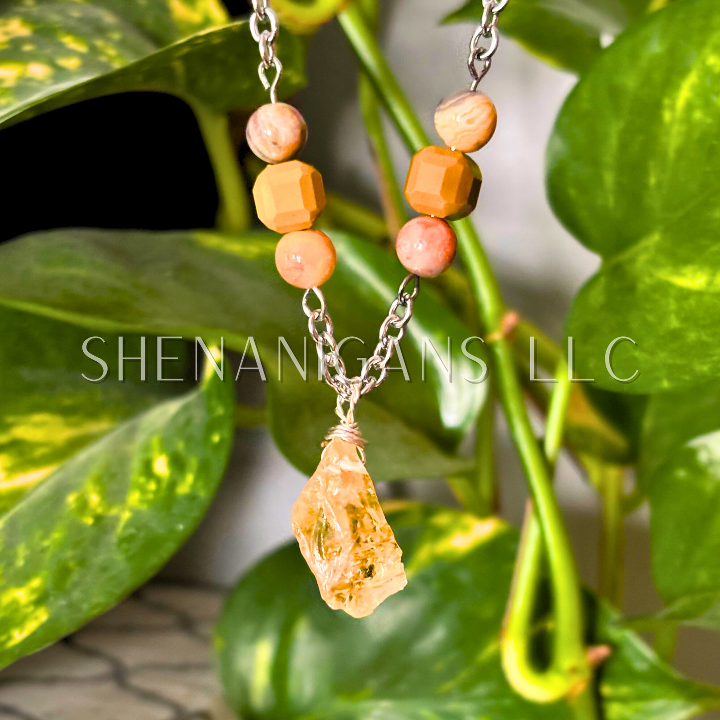 Raw Citrine Necklace with Snake Vertebrae and Crazy Lace Beads