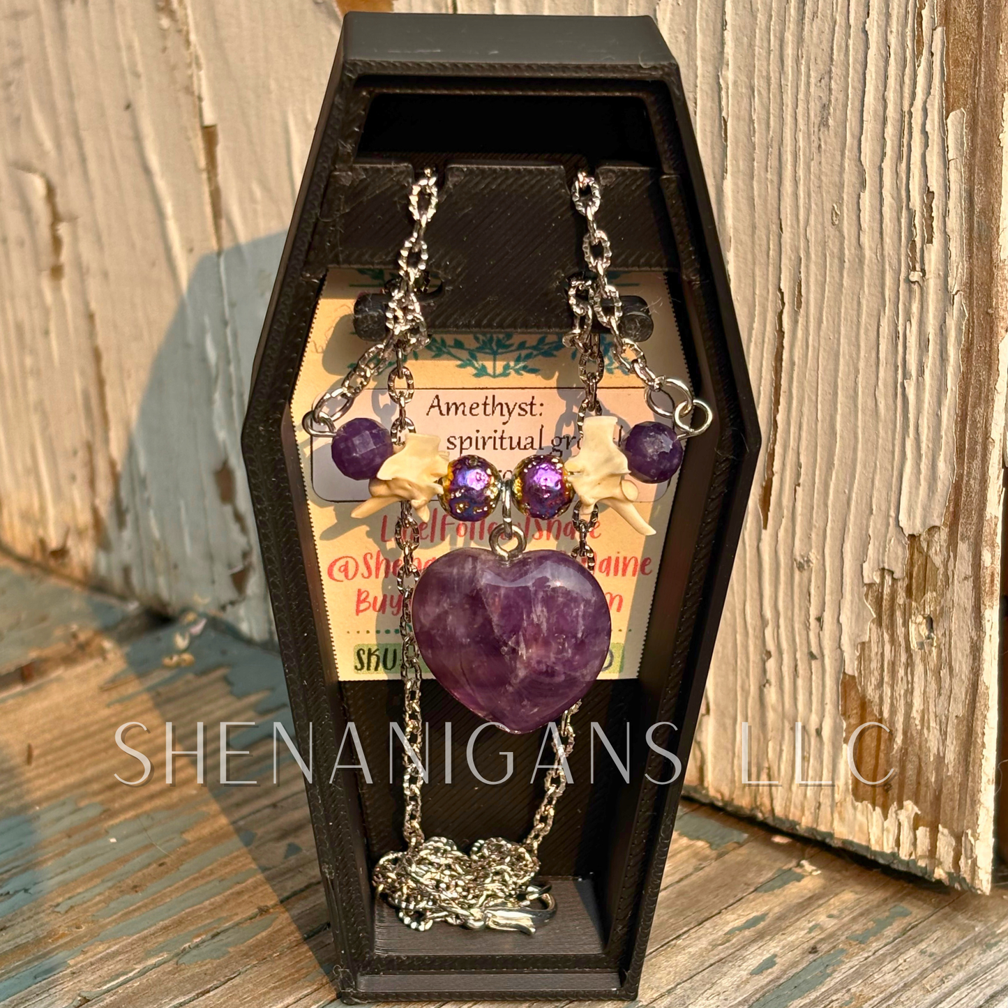 Amethyst Carved Heart Necklace with Rattlesnake Vertebrae