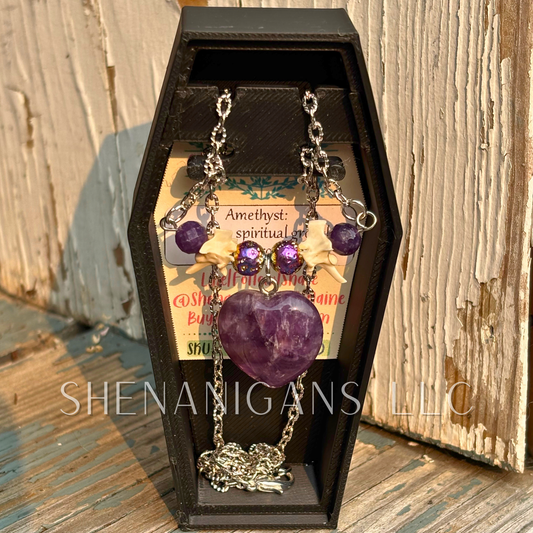 Amethyst Carved Heart Necklace with Rattlesnake Vertebrae