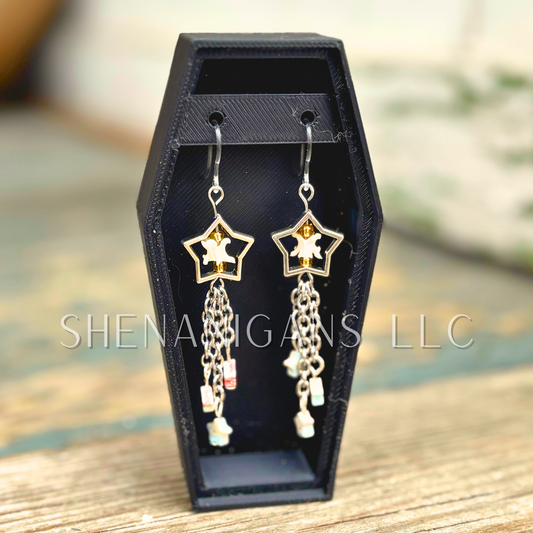 Shooting Star Earrings with Aqua Terra Jasper Stars & Rattlesnake Vertebrae – Handmade Celestial Coffin Display