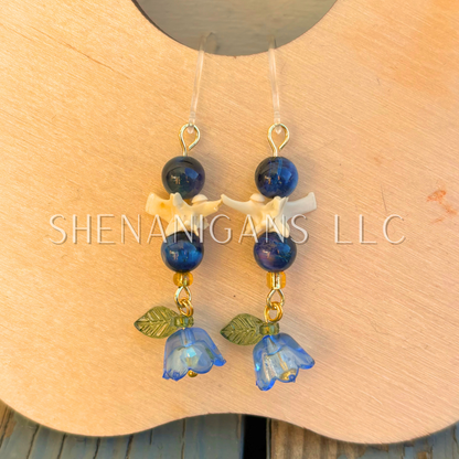 Blue and Gold Bell Flower Dangle Earrings with Snake Vertebrae and Crystal Beads