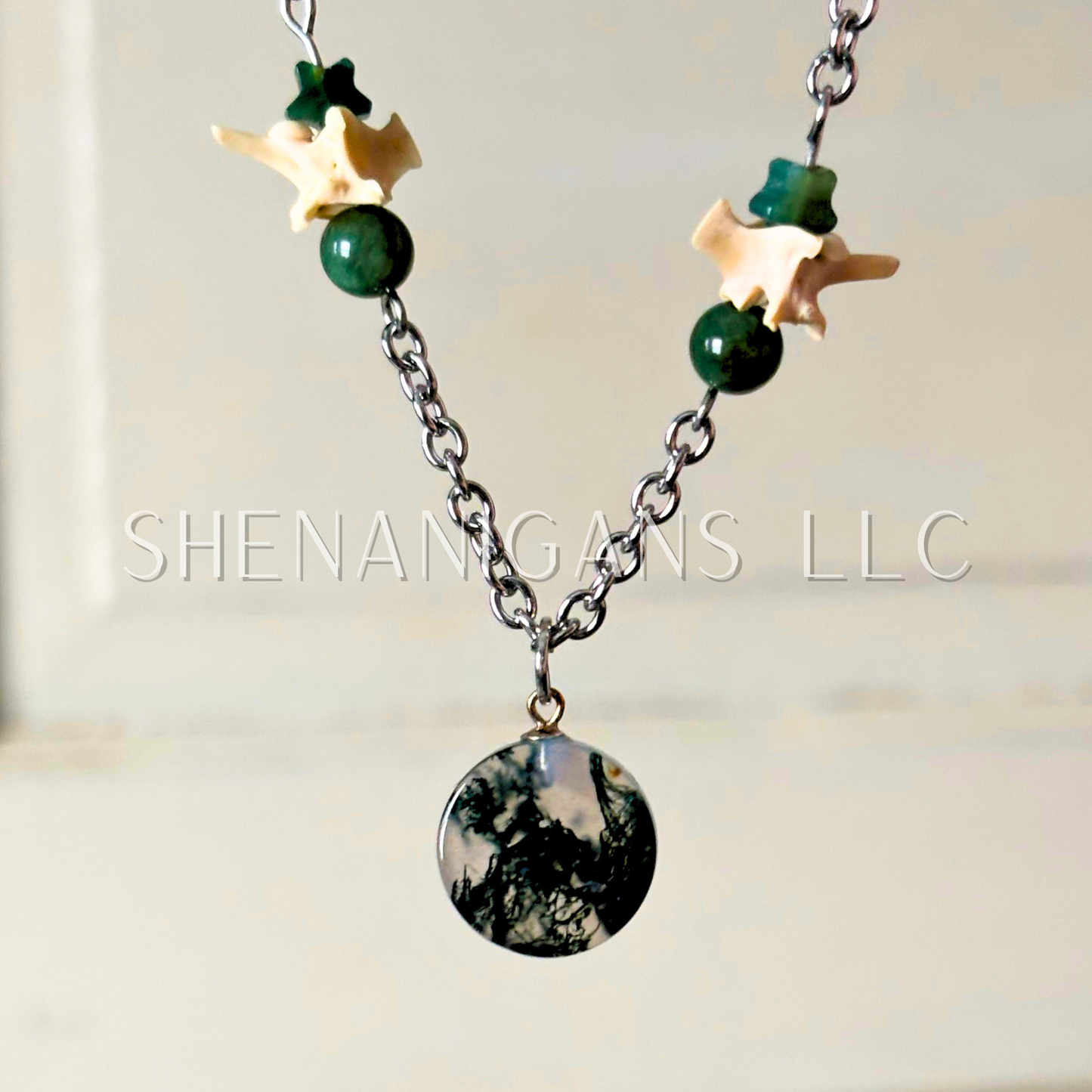 Moss Agate Circle Pendant Necklace with Snake Vertebrae