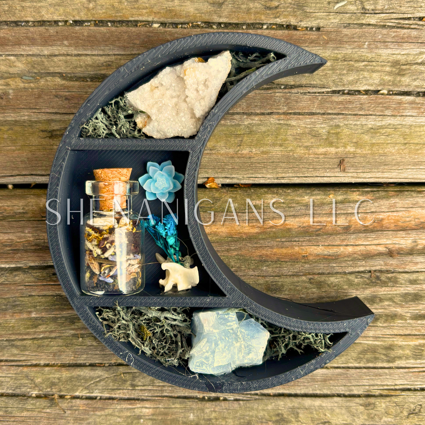 Protection Spell - Mini Crescent Moon Crystal Shelf | 3D Printed Moon Display with Handpicked Crystals, Moss & Trinkets Magnet