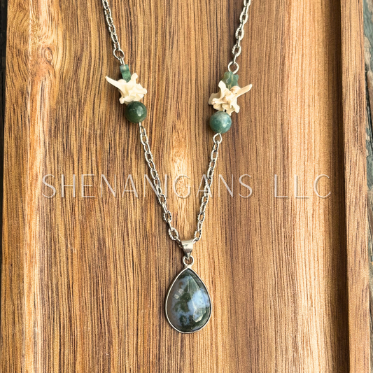Moss Agate Teardrop Pendant Necklace – Snake Vertebrae & Moss Agate Beads
