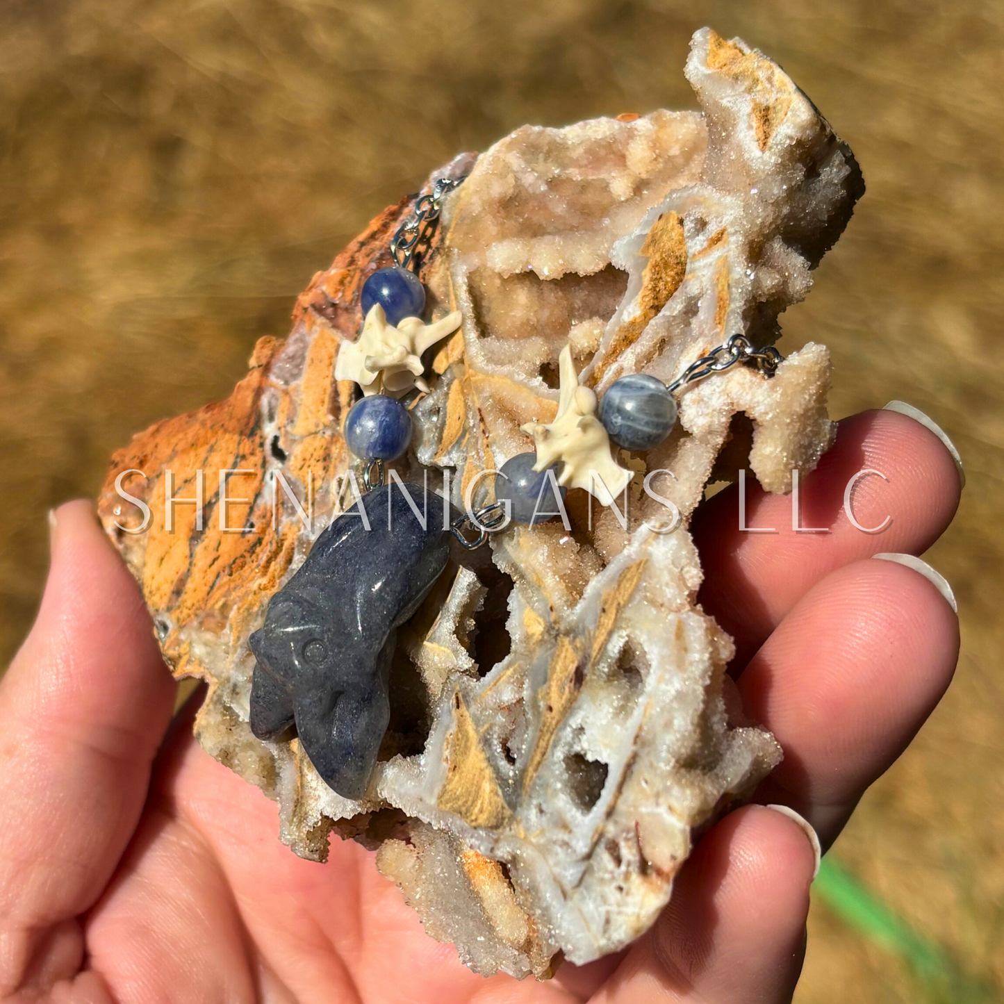 Blue Aventurine Bat Necklace with Sodalite Beads and Rattlesnake Vertebrae