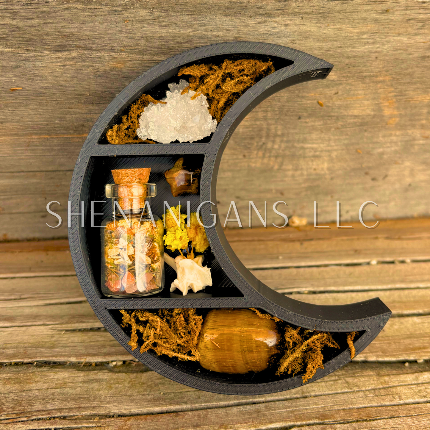 Peaceful Sleep Spell - Mini Crescent Moon Crystal Shelf | 3D Printed Moon Display with Handpicked Crystals, Moss & Trinkets Magnet