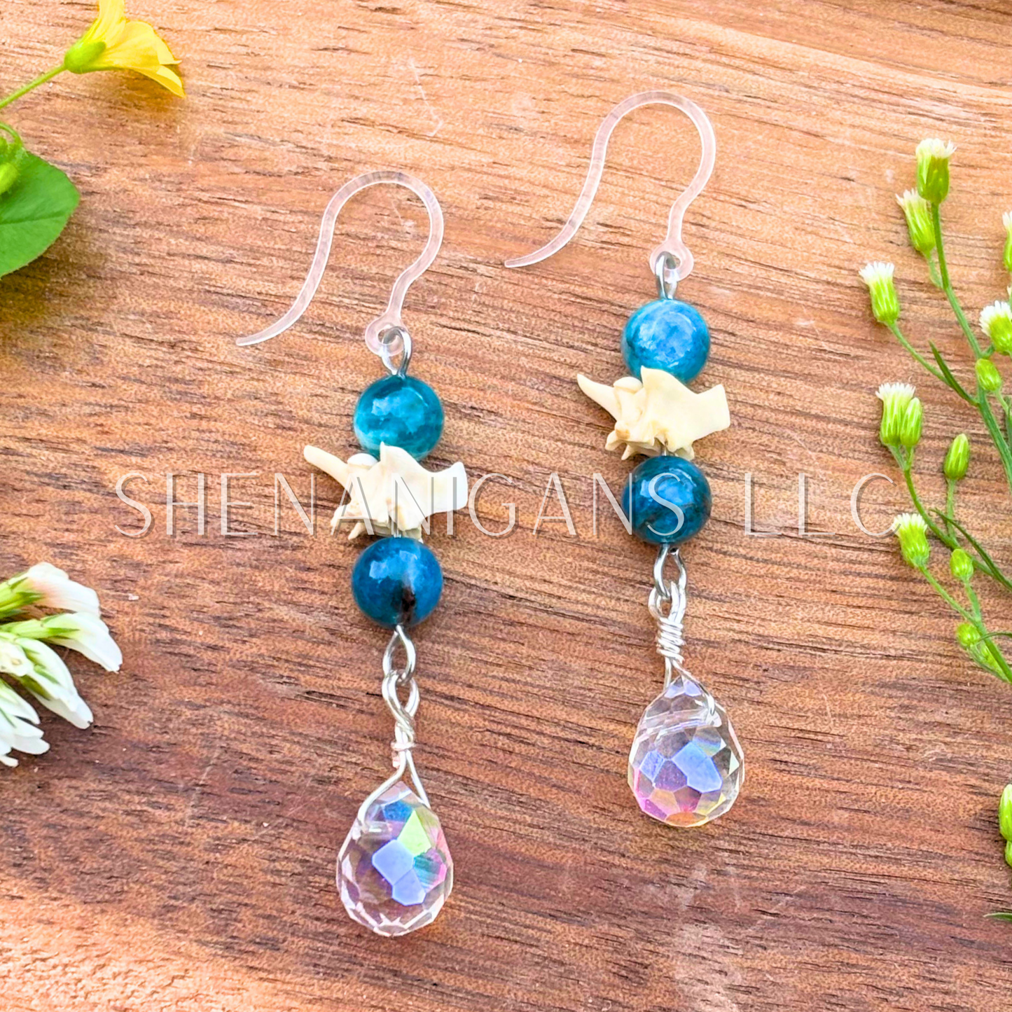 Rattlesnake Vertebrae Dangle Earrings with Crystal & Clear Teardrop Briolette