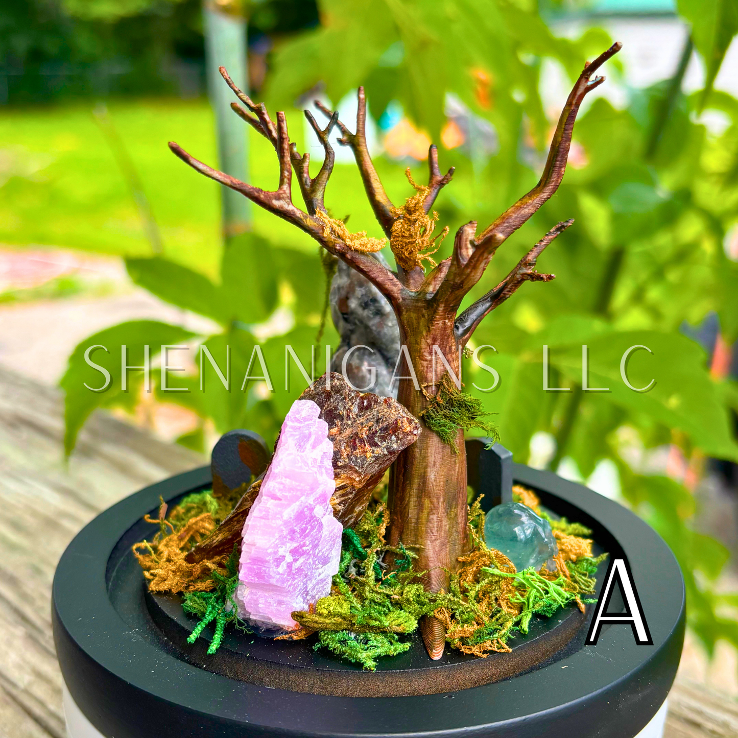 Yooperlite (UV) Hanging Crystal Bat in Graveyard - Bubble Cloche Dome Art