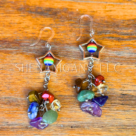 Rainbow Pride Flag Shooting Star Earrings with Crystal Chip Beads – Handmade Celestial Coffin Display (Copy)