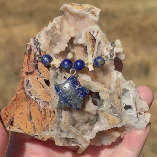 Lapis Lazuli Star Necklace – Crystal Carving with Beads & Bone Detail