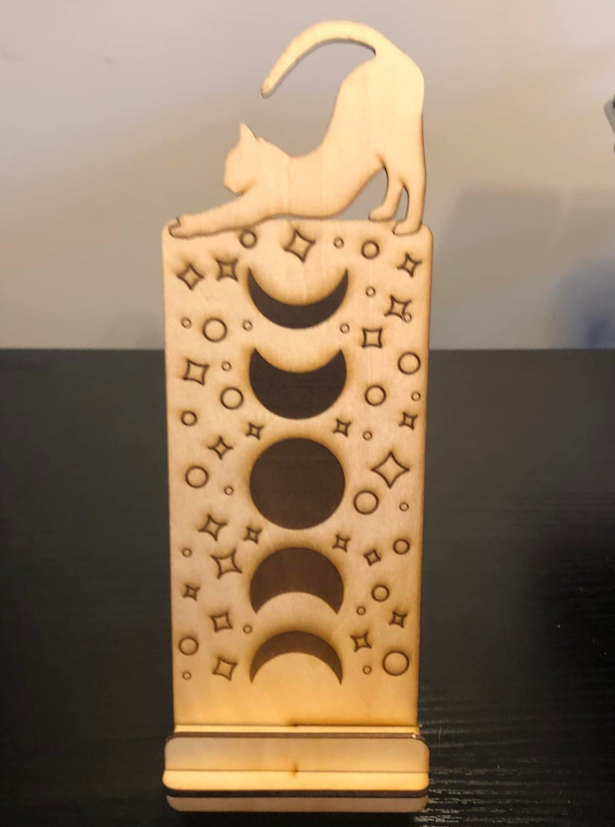 Wooden Phone Stand - Cat, Moon, Stars