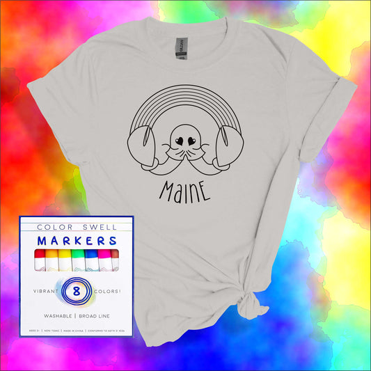 Maine themed DIY white t-shirt, Maine lobster with Rainbow, eligible for#savemainelobstermen fundraiser; lobster design by IRISisBEAUTY