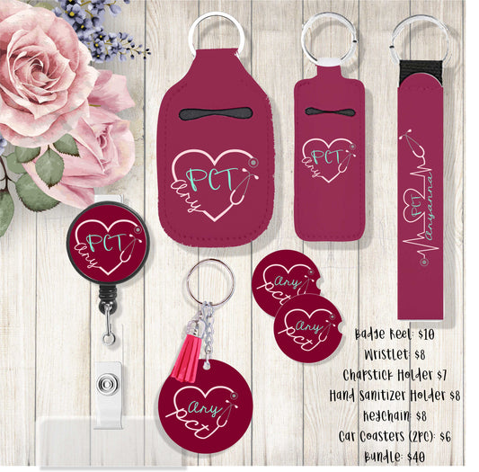 Gift Sets - Healthcare - Keychain, Chapstick Holder, Sanitizer Holder, Wristlet, 2pc Car coaster, Badge Reel