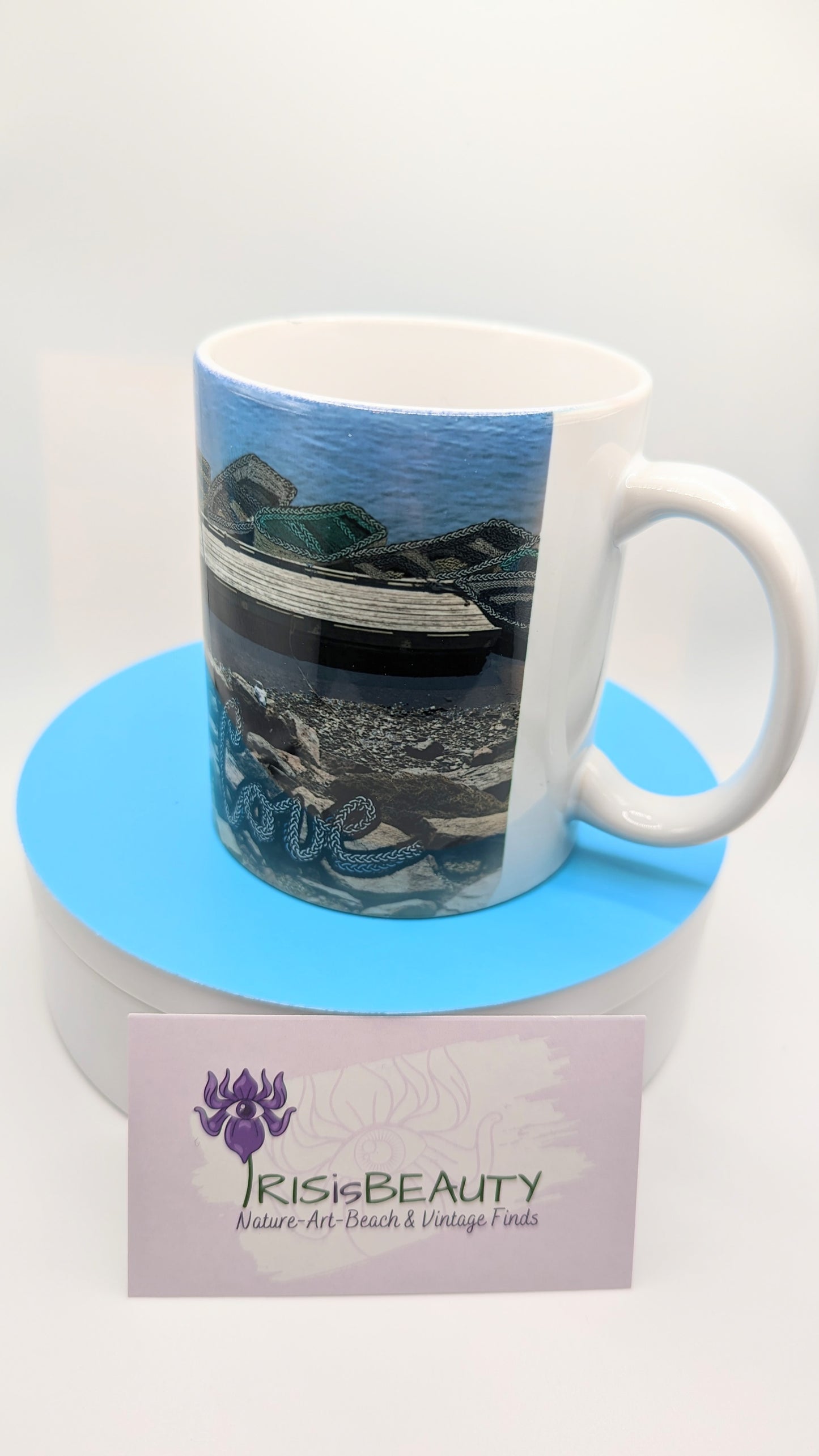 Perkins Cove mug, photo image with digital rope art design boats, Ogunquit Maine, art by IRISisBEAUTY