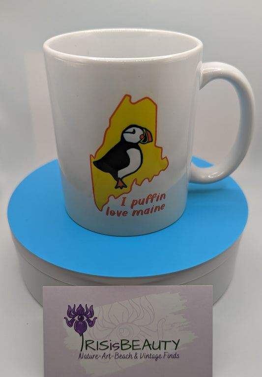 I Puffin Love Maine mug, coffee mug, tea mug, Puffin art designed by IRISisBEAUTY