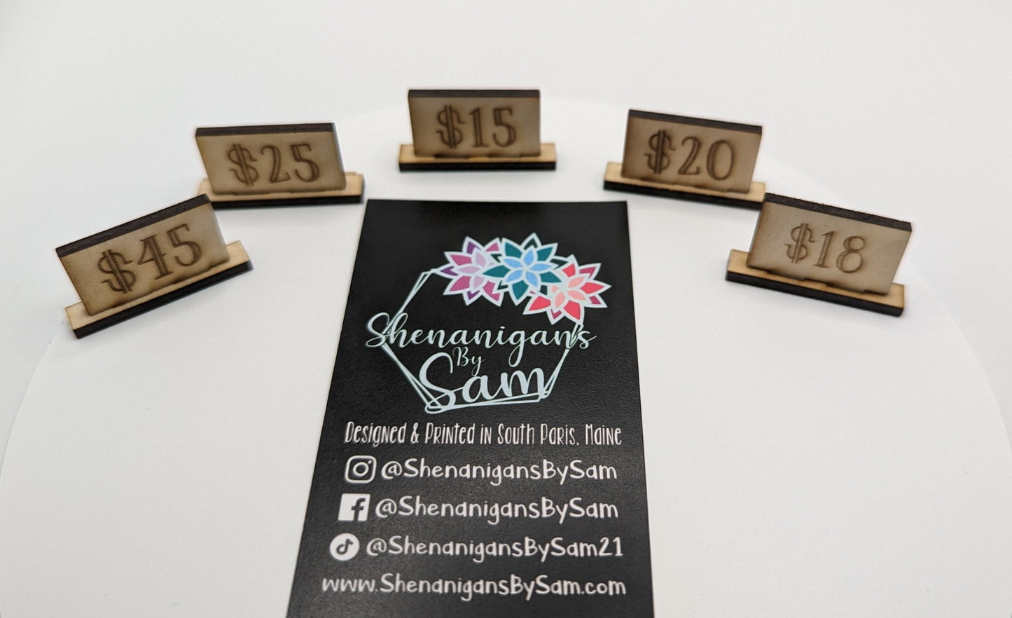 10 small laser engraved wooden price tags, 1/8 thick,  double sided