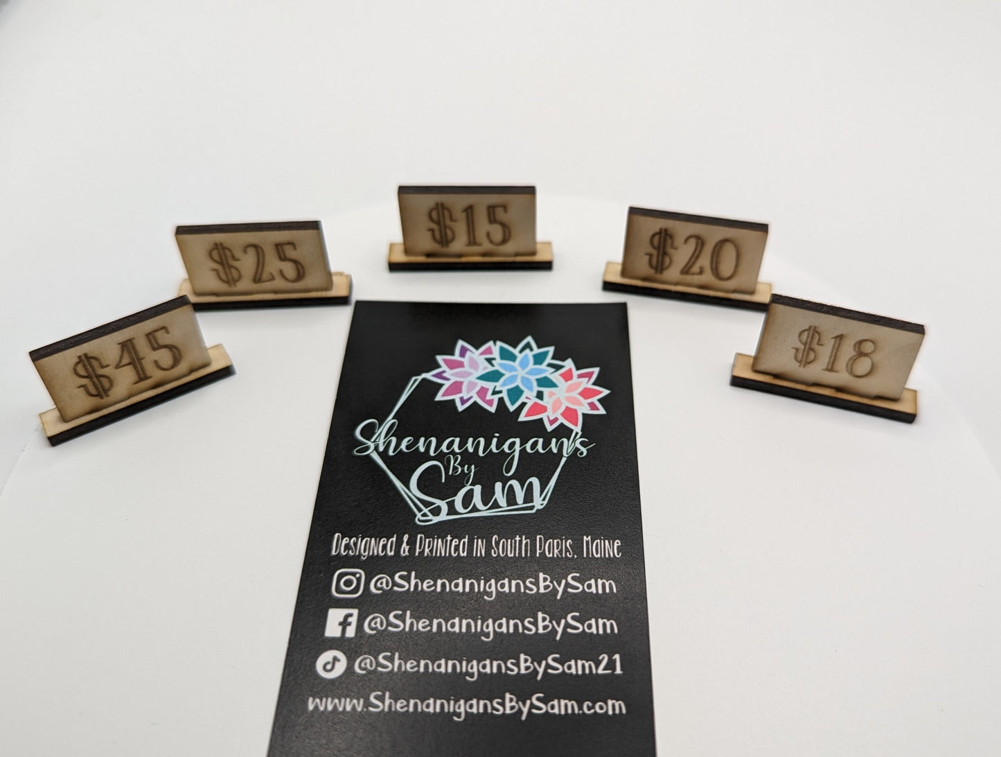 10 small laser engraved wooden price tags, 1/8 thick,  double sided